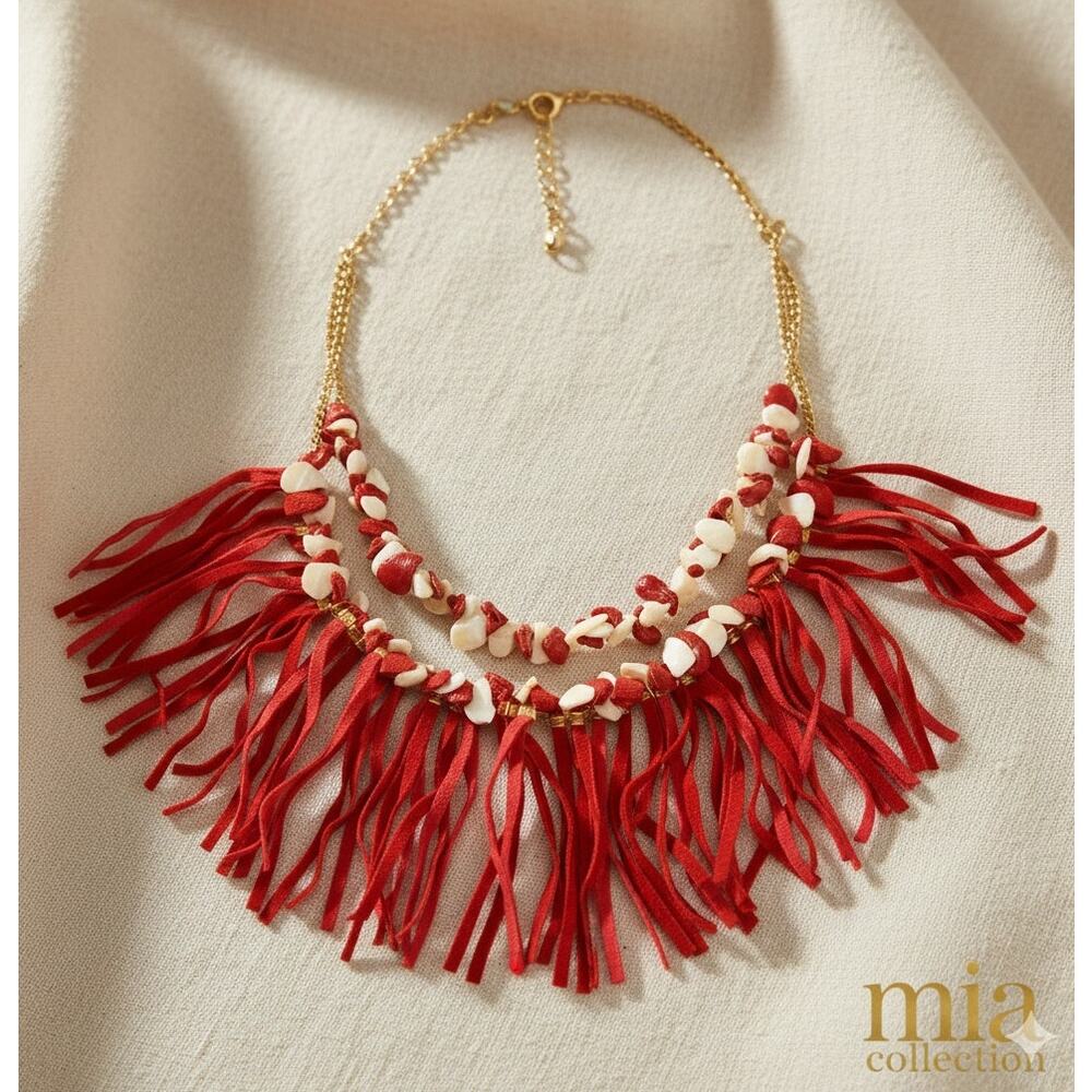 Mia Necklace Red Suede Fringe &‎ Shell Statement Bib Adjustable Gold Tone Detail